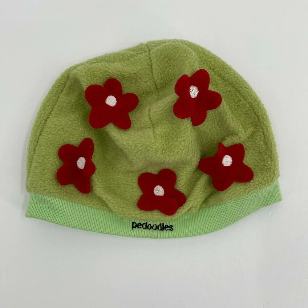 Pedoodles Girls Green Red Floral Fleece Stretch Comfort Beanie Hat Size Small